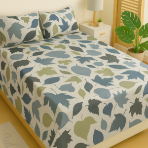 Green and blue leaf print cotton bedsheet with pillow covers