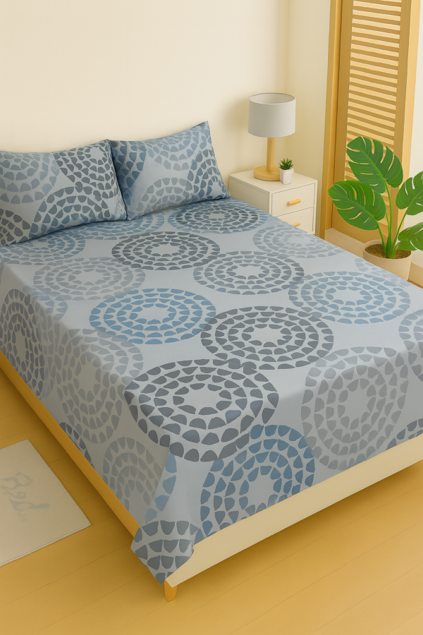Blue pebble circle printed cotton bedsheet with matching pillow covers on wooden bed