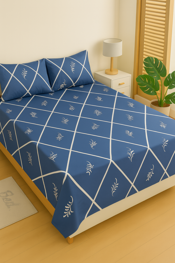 Navy blue grid printed cotton bedsheet with matching pillow covers