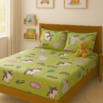 Green kids cotton bedsheet with unicorn cartoon print