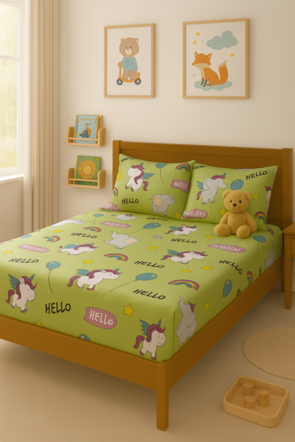 Green kids cotton bedsheet with unicorn cartoon print