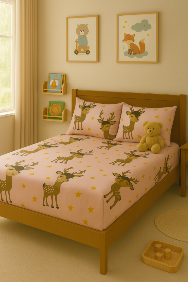 Pink kids bedsheet with deer and star print.