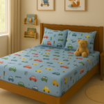 Blue kids cotton bedsheet with car print.