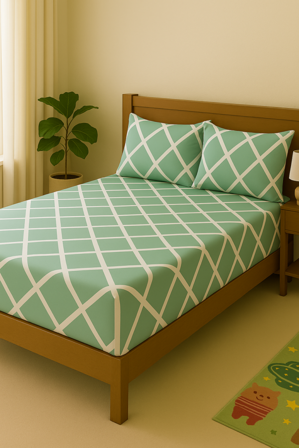 Mint green cotton bedsheet with grid pattern.