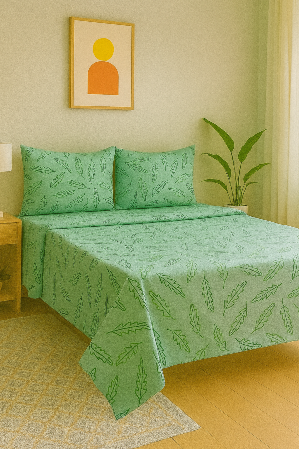 Green cotton bedsheet with leaf pattern.