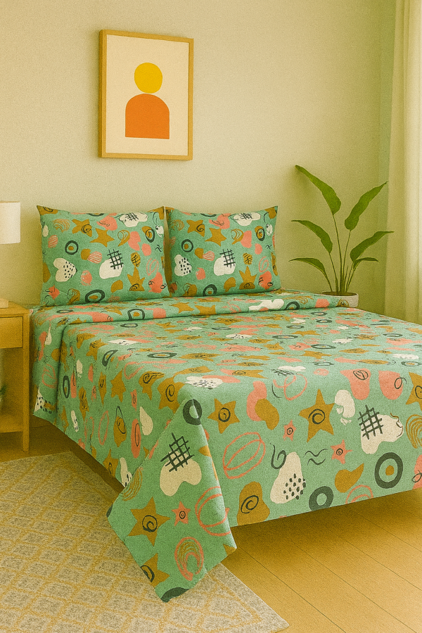Teal cotton bedsheet with abstract modern print