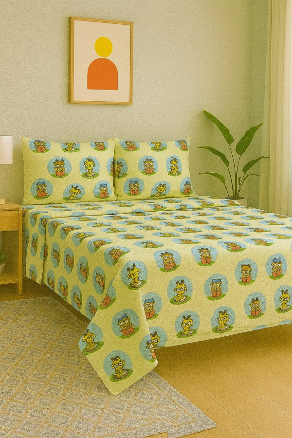 Green kids cotton bedsheet with playful cartoon face