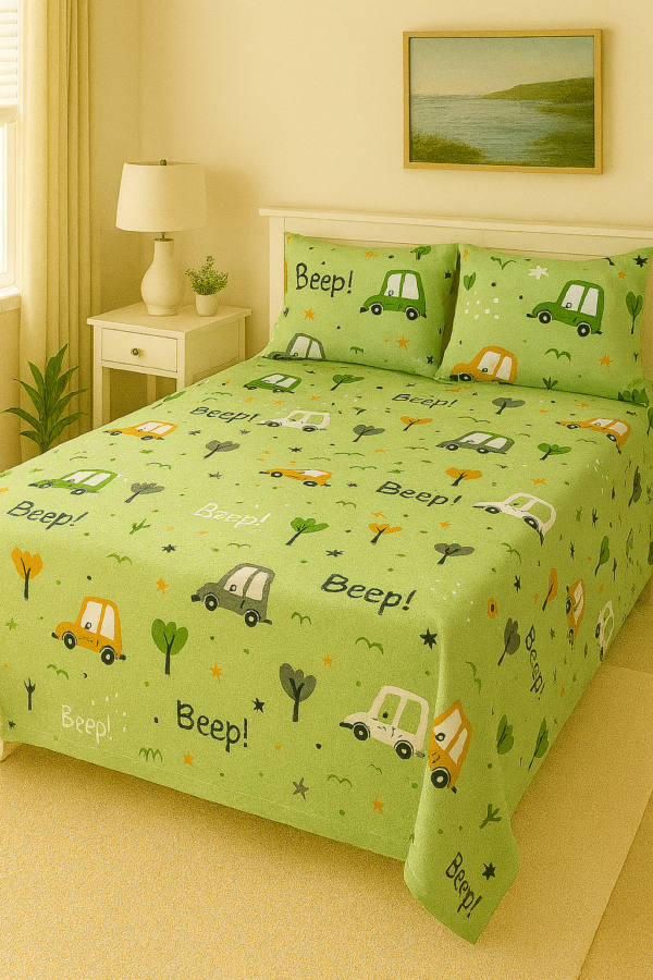 Green Car Print Kids Cotton Bedsheet
