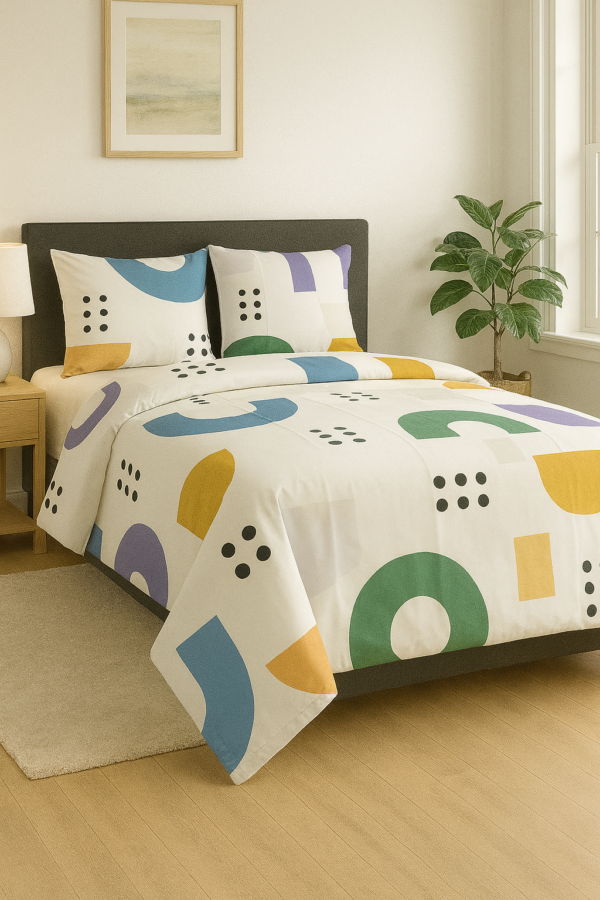 White bedsheet with multicolour geometric print