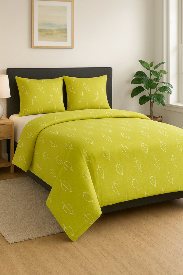 Light green cotton bedsheet with leaf pattern print