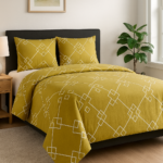 Mustard cotton bedsheet with geometric grid pattern