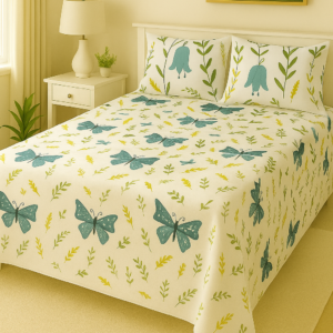 White cotton bedsheet with butterfly and leaf print.