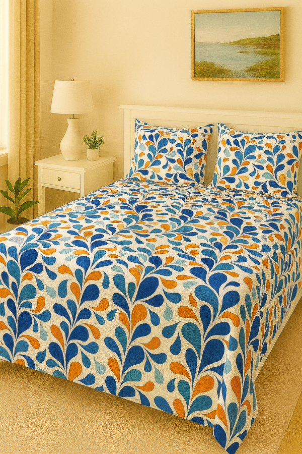Blue and orange leaf print cotton bedsheet with pillow