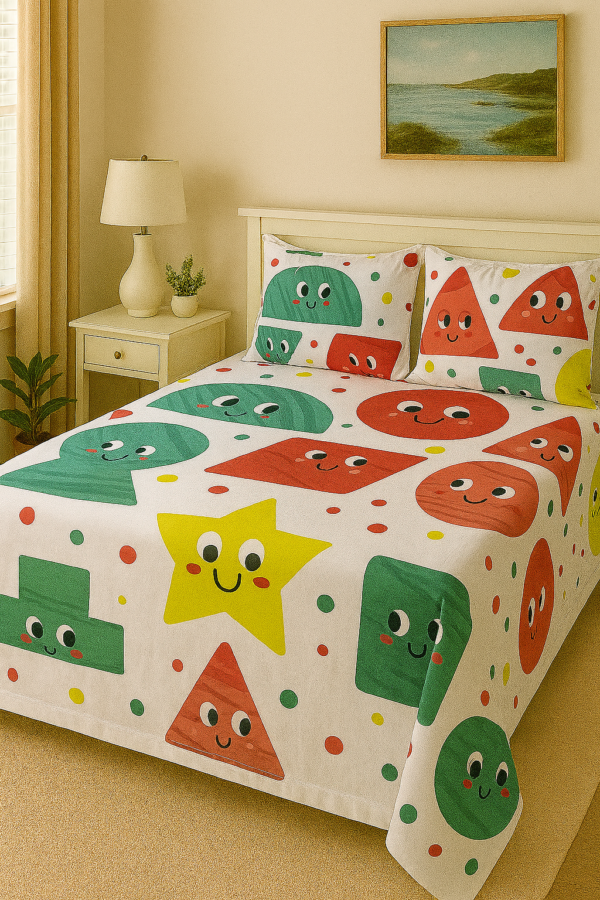 Kids cotton bedsheet with colourful cartoon shapes and smiley faces.