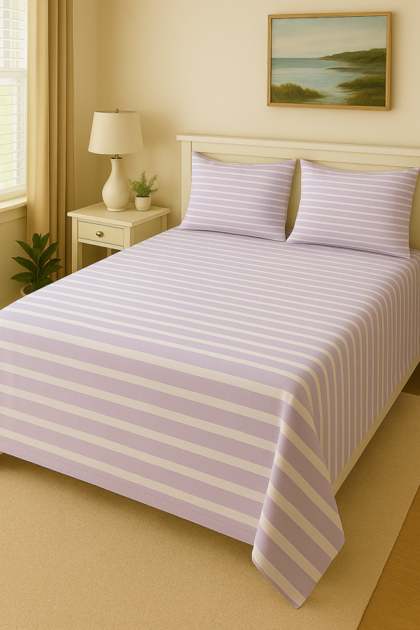 Lavender striped cotton bedsheet with matching pillow covers