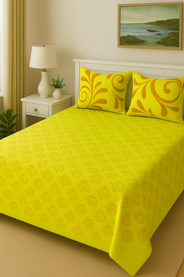 Yellow cotton bedsheet with paisley pattern and matching pillow covers.