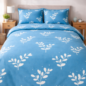 Blue botanical printed bedsheet with white leaf patterns in a bright bedroom.