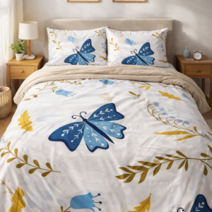 White bedsheet with blue butterfly and floral prints.