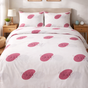 White bedsheet with pink abstract floral prints styled in a neutral bedroom.