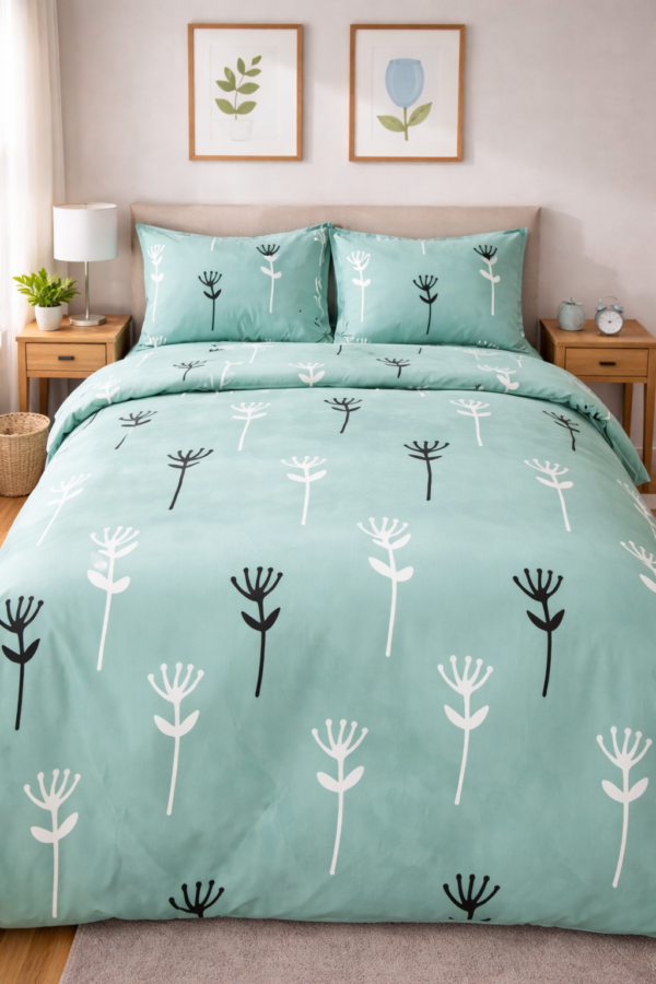 Mint green floral printed bedsheet styled in a minimal bedroom setup.