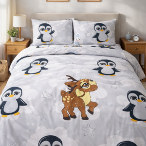 Kids bedsheet with adorable penguin and deer cartoon prints.