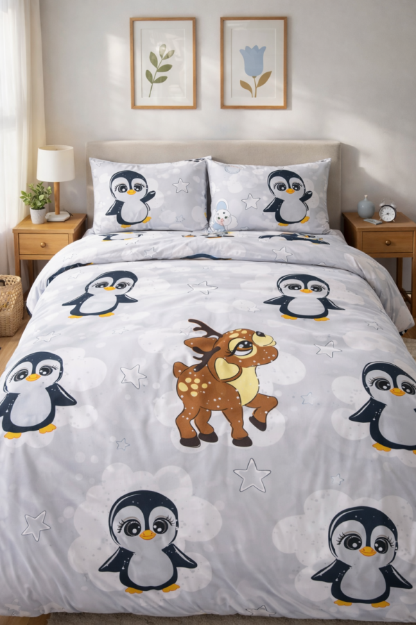 Kids bedsheet with adorable penguin and deer cartoon prints.
