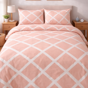 Peach geometric lattice printed bedsheet set styled in a minimal bedroom: